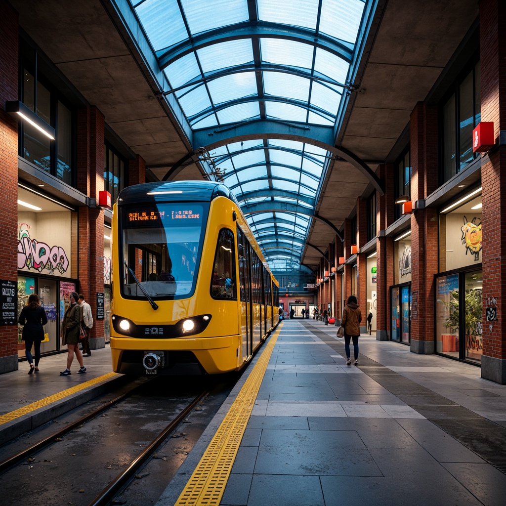 Prompt: Vibrant tram station, urban landscape, industrial aesthetic, exposed brick walls, metallic accents, sleek glass roofs, modern LED lighting, bold color scheme, bright yellow, deep blue, rich red, neutral gray, urban graffiti, concrete floors, steel beams, dynamic architecture, futuristic vibe, high-contrast colors, dramatic shadows, low-angle photography, 1/2 composition, warm atmospheric lighting, realistic textures.