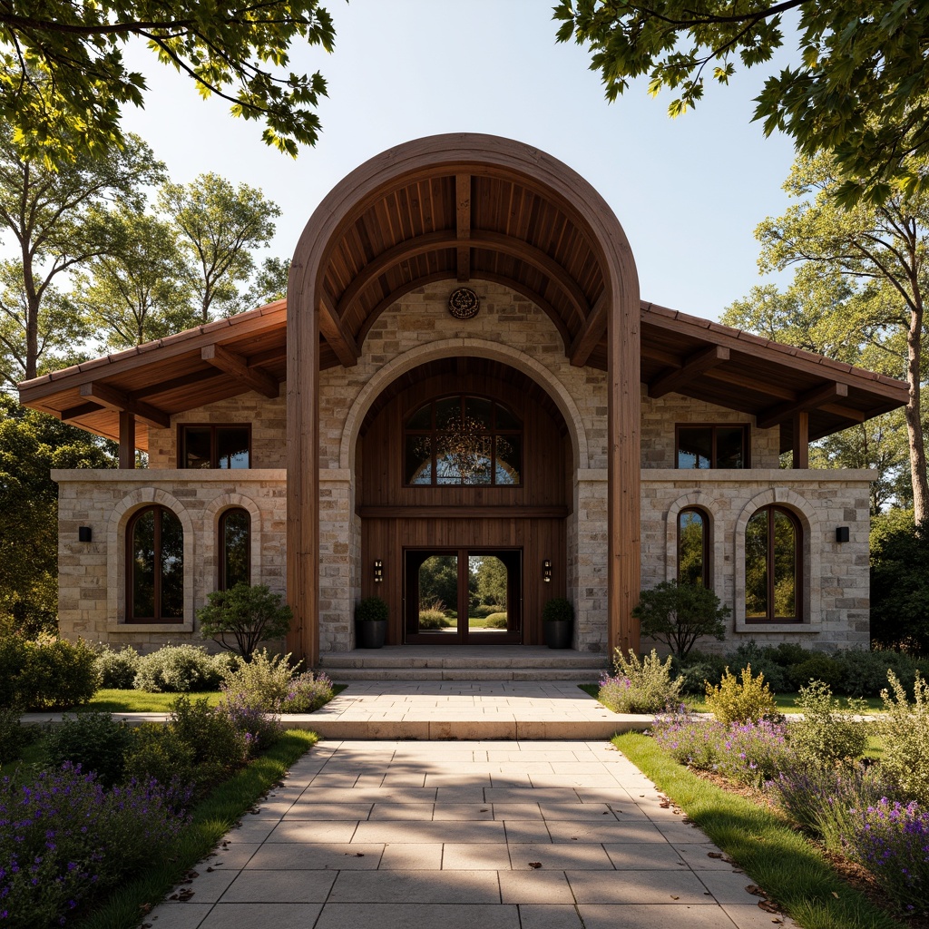 Prompt: Rustic barn, Byzantine-inspired roof design, curved arches, ornate metal decorations, terracotta tiles, earthy color palette, wooden accents, natural stone walls, lush greenery, overhanging eaves, grand entrance, intricate stonework, warm golden lighting, dramatic shadows, 1/1 composition, symmetrical framing, rich textures, ambient occlusion.