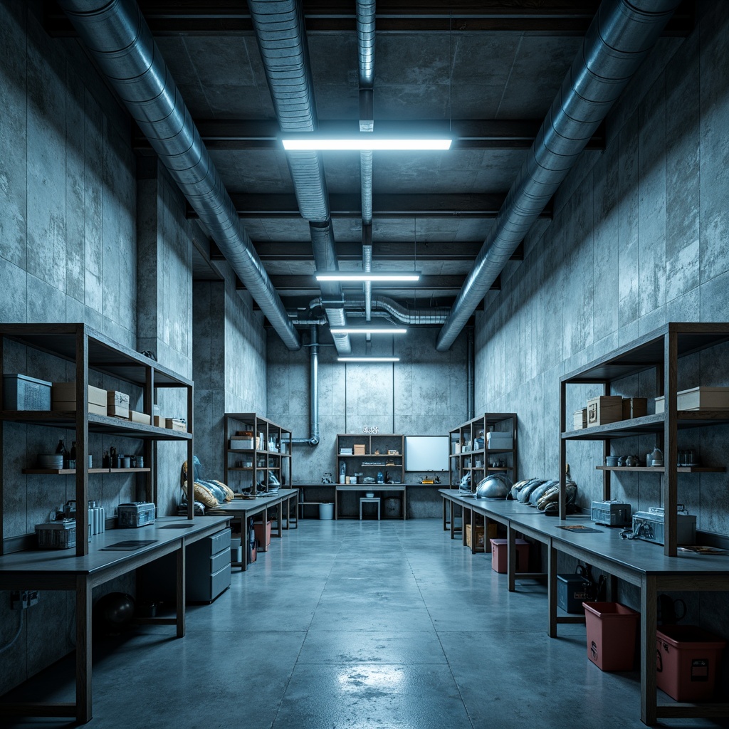 Prompt: Exposed concrete walls, industrial pipes, brutalist architecture, laboratory equipment, metal shelving, stainless steel workbenches, epoxy resin flooring, overhead lighting, suspended linear fixtures, LED strip lights, cold blue tones, high contrast ratios, dramatic shadows, minimalist aesthetic, functional simplicity, raw material textures, harsh light sources, 1/1 composition, symmetrical framing, realistic renderings.