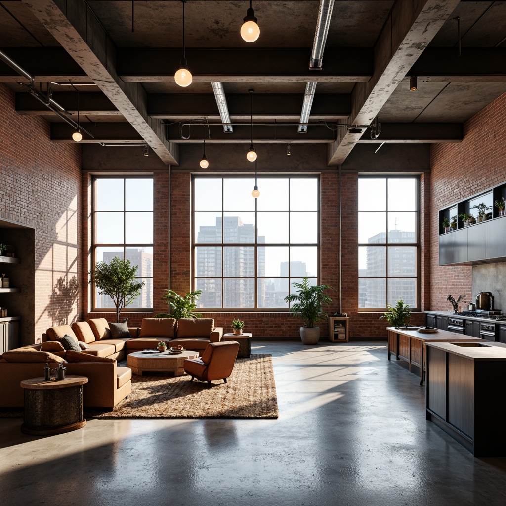 Prompt: Industrial chic loft, exposed brick walls, metal beams, polished concrete floors, floor-to-ceiling windows, natural light pouring in, urban cityscape views, eclectic furniture mix, vintage decor accents, reclaimed wood elements, Edison bulb lighting, open kitchen layout, high-gloss cabinetry, stainless steel appliances, minimalist color palette, airy atmosphere, shallow depth of field, 1/1 composition, soft warm lighting, realistic textures, ambient occlusion.