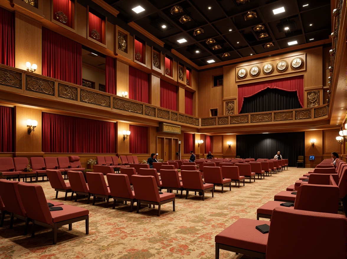 Prompt: Elegant auditorium interior, rich wood tones, warm beige carpeting, comfortable velvet seating, ornate golden details, subtle stage lighting, majestic high ceilings, grand chandeliers, sophisticated sound systems, acoustic panels, vibrant red curtains, luxurious black accents, soft warm glow, shallow depth of field, 1/2 composition, cinematic atmosphere, realistic textures, ambient occlusion.