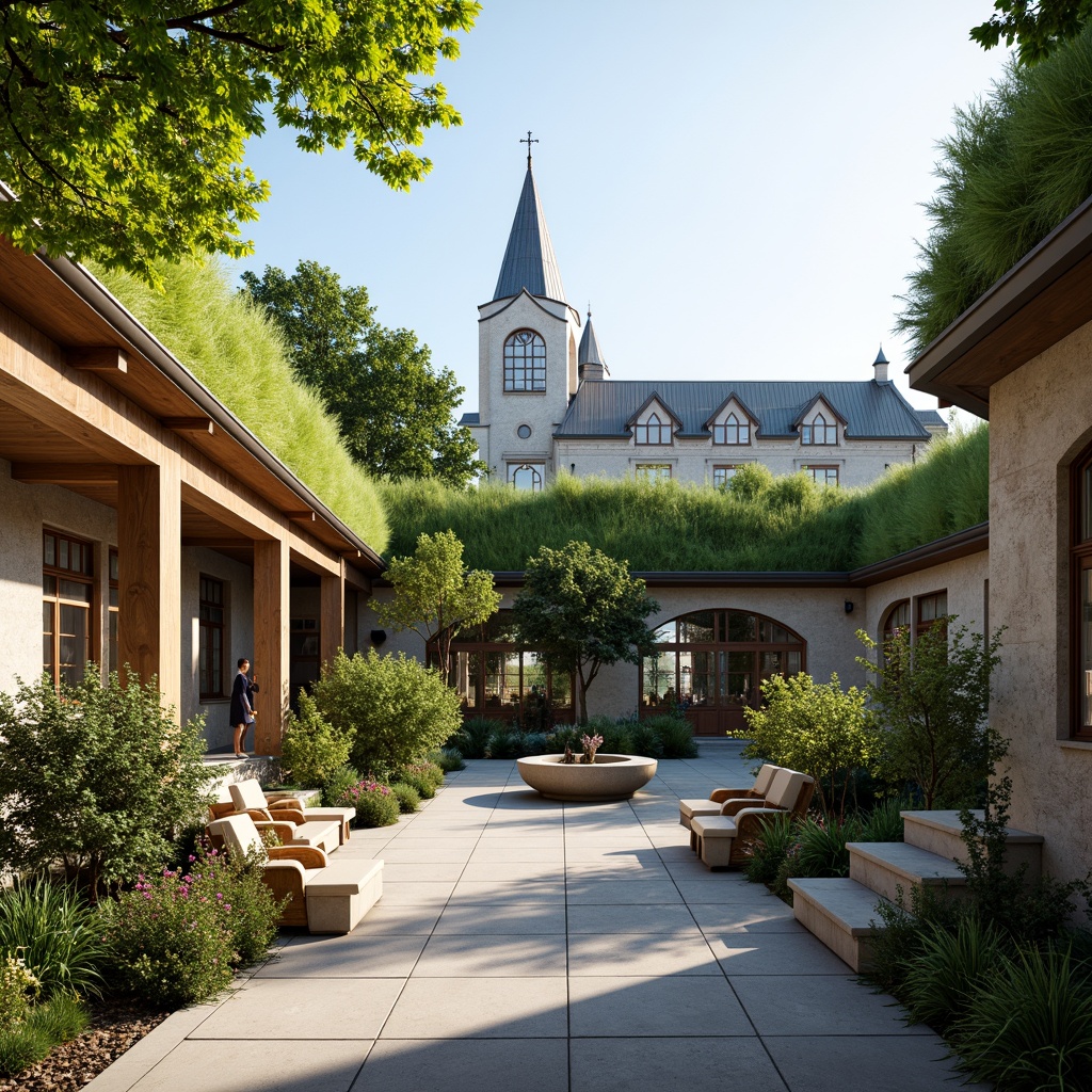 Prompt: Tranquil church courtyard, lush green roofs, blooming flowers, curved steeples, stained glass windows, rustic stone walls, wooden pews, peaceful atmosphere, natural light filtering, soft warm glow, shallow depth of field, 1/1 composition, panoramic view, realistic textures, ambient occlusion, eco-friendly materials, innovative water harvesting systems, minimalist design, modern sustainable architecture, environmental conservation, serene surroundings.