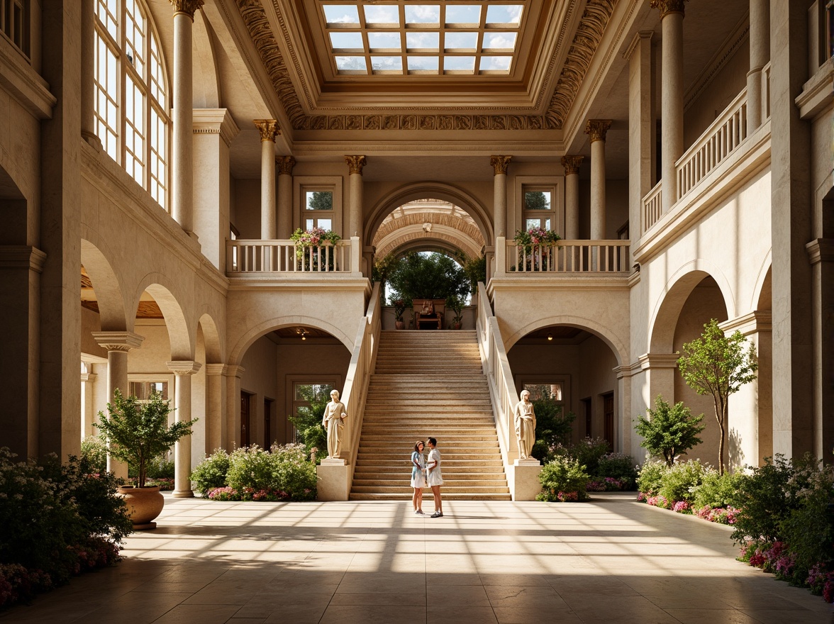 Prompt: Grand gymnasium facade, neoclassical architecture, ornate columns, intricately carved details, symmetrical composition, arched windows, rusticated stone walls, grand entrance, sweeping staircases, polished marble floors, classical statues, lush greenery, vibrant flower arrangements, warm golden lighting, shallow depth of field, 1/1 composition, realistic textures, ambient occlusion.