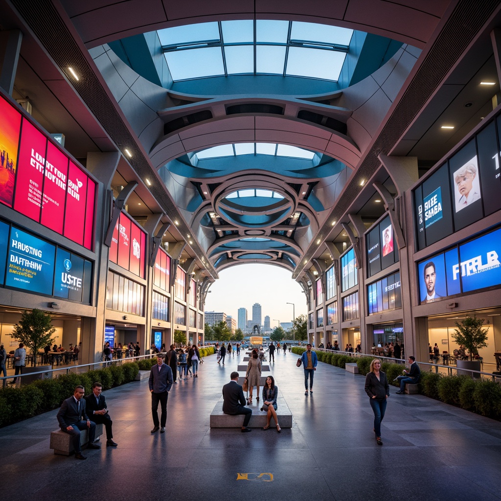 Prompt: Futuristic transportation hub, sleek metallic fa\u00e7ade, dynamic LED lighting, vibrant neon colors, abstract patterns, geometric shapes, fluid curves, spacious atrium, high-ceilinged interior, polished marble floors, minimalist seating areas, modern information displays, digital signage, immersive media installations, panoramic views, busy urban landscape, rush hour atmosphere, warm golden lighting, soft focus, shallow depth of field, 1/2 composition, cinematic mood, realistic reflections.