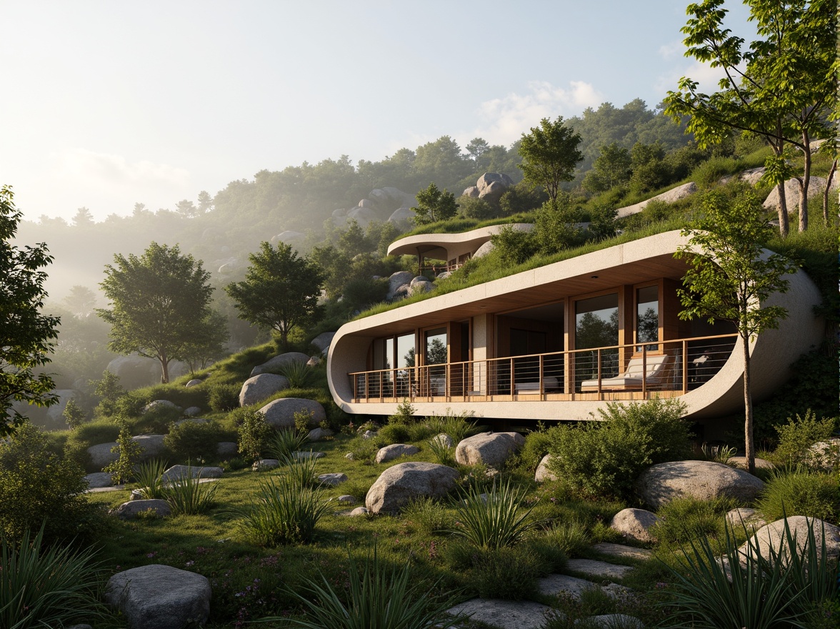 Prompt: Seamless landscape integration, modern eco-homes, curved green roofs, native flora, natural stone walls, wooden decks, floor-to-ceiling windows, sliding glass doors, panoramic views, surrounding forests, misty mornings, soft warm lighting, shallow depth of field, 1/1 composition, realistic textures, ambient occlusion, organic architecture, sustainable design, renewable energy systems, rainwater harvesting, green infrastructure, ecological balance, serene atmosphere.