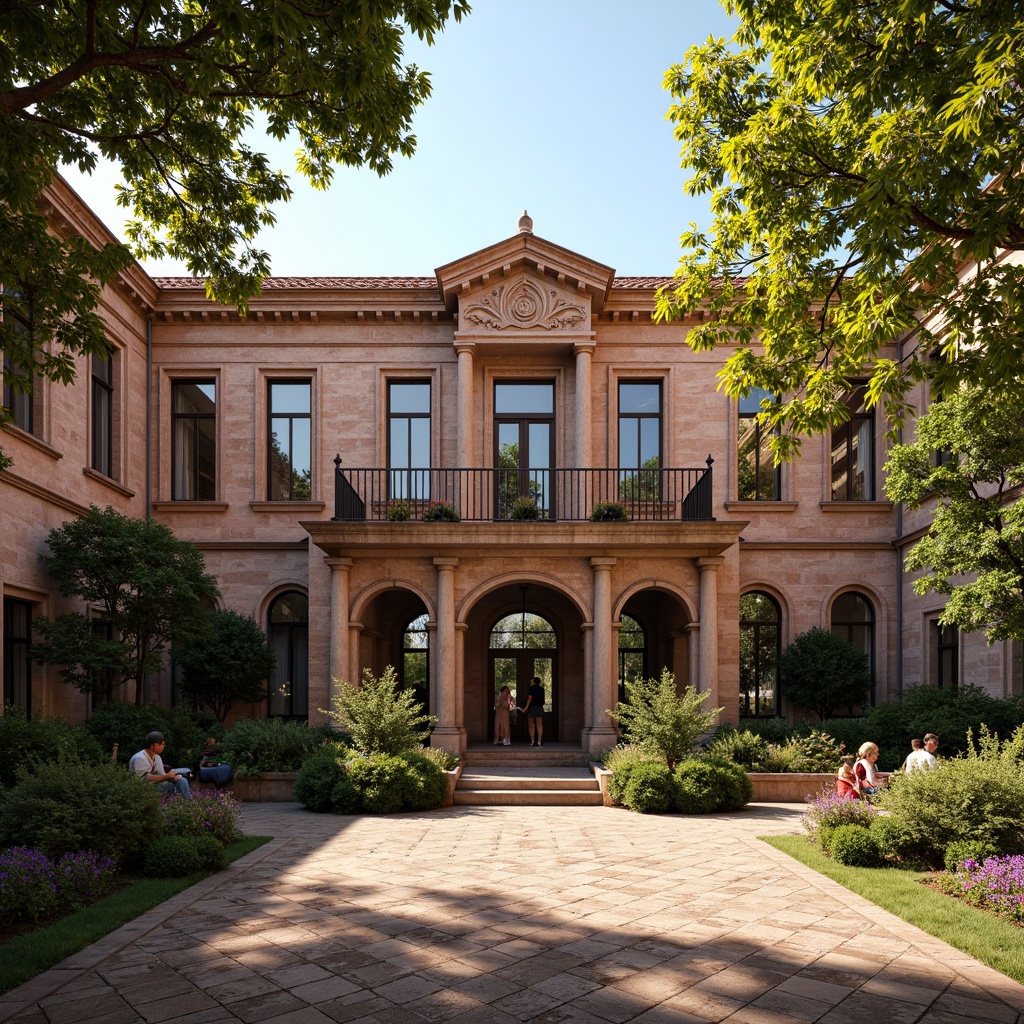 Prompt: Rustic community center, ornate Baroque fa\u00e7ade, richly textured brickwork, decorative stone carvings, grand entrance archways, vibrant ceramic tiles, intricate mosaic patterns, lush greenery, mature trees, sunny afternoon, warm golden lighting, shallow depth of field, 1/2 composition, realistic textures, ambient occlusion.