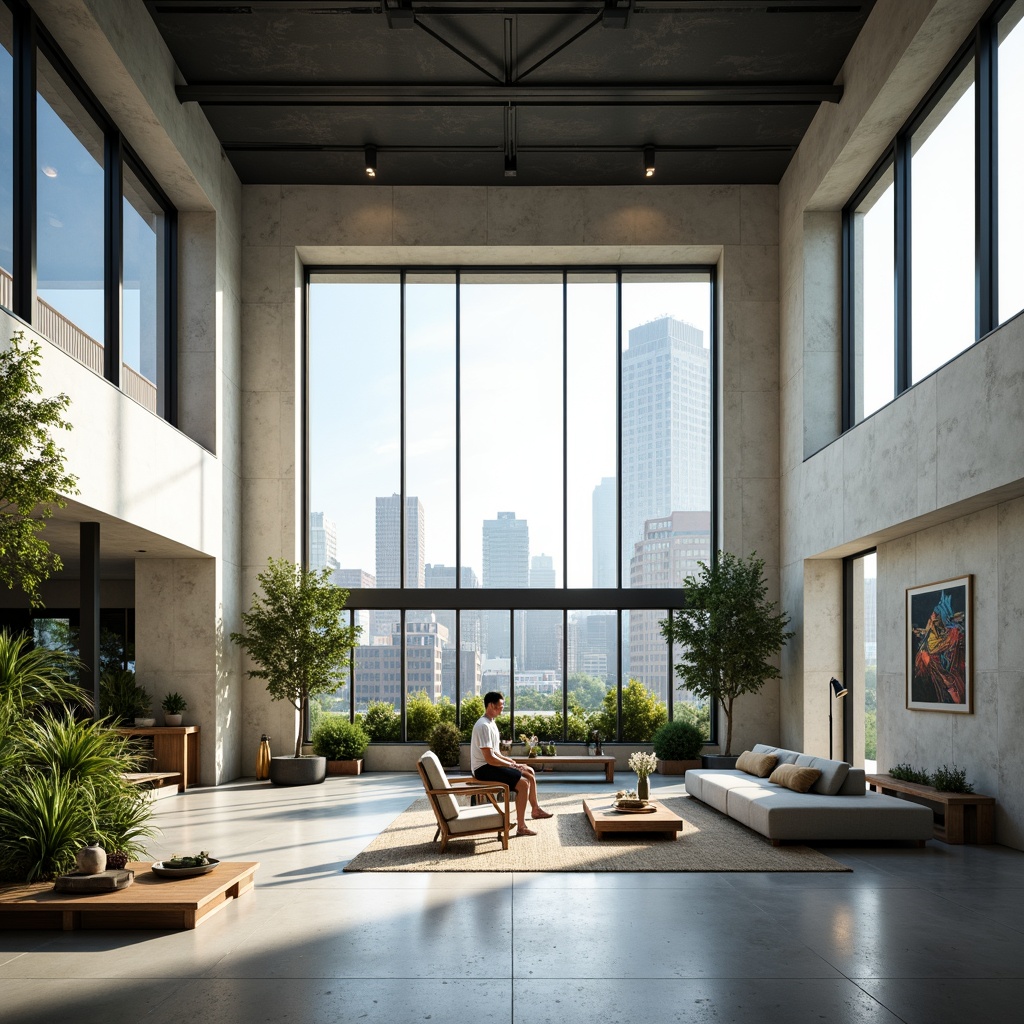 Prompt: Minimalist interior, spacious floor plans, high ceilings, natural light flooding, sleek glass partitions, polished concrete floors, industrial chic decor, modern furniture pieces, green walls, living plants, urban landscapes, city skylines, abstract art installations, geometric patterns, soft ambient lighting, shallow depth of field, 1/1 composition, panoramic view, realistic textures, ambient occlusion.