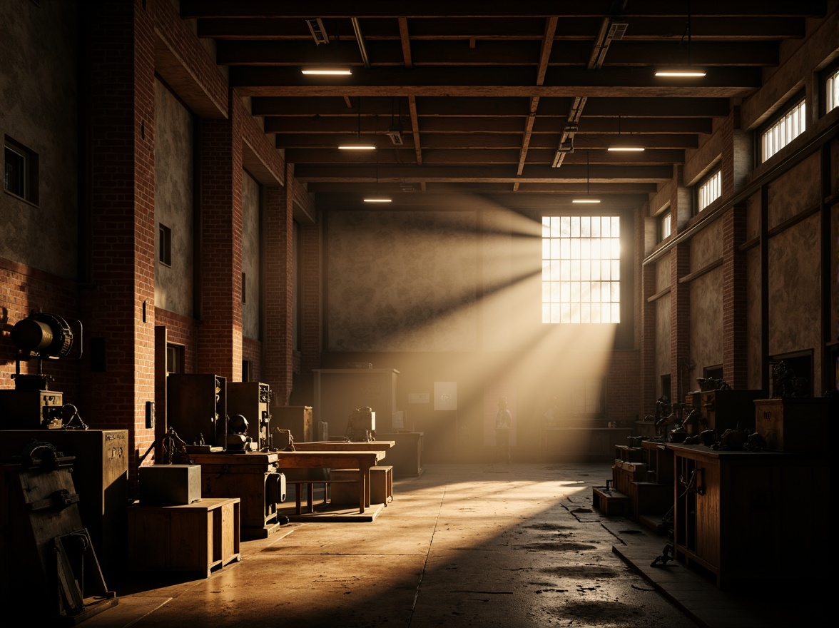 Prompt: Dimly lit warehouse, exposed brick walls, rugged wooden beams, metal pipes, industrial machinery, vintage factory equipment, mysterious shadows, warm golden lighting, soft misty atmosphere, eerie fog, dramatic spotlighting, intense beam lights, moody color palette, atmospheric smoke effects, cinematic camera angles, 3/4 composition, shallow depth of field, realistic textures, ambient occlusion.