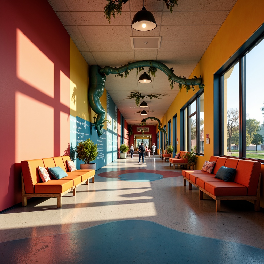 Prompt: Vibrant school corridors, bold colored walls, dynamic shadows, eclectic furniture, artistic murals, whimsical light fixtures, dramatic ceiling heights, asymmetrical window arrangements, irregular shapes, expressive textures, playful patterns, creative color schemes, warm soft lighting, cozy reading nooks, collaborative learning spaces, flexible seating areas, adaptable modular design, innovative storage solutions, interactive display systems, futuristic digital screens, immersive learning environments, abstract sculptures, modern art pieces, inspirational quotes, lively atmospheric ambiance, 3/4 composition, shallow depth of field, panoramic view.