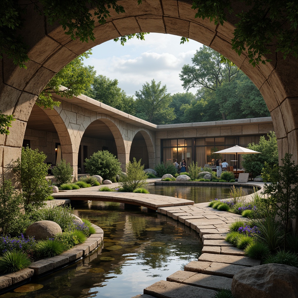 Prompt: Curved earthy structures, natural stone walls, lush green roofs, blooming wildflowers, serene water features, koi ponds, wooden bridges, meandering pathways, rustic lanterns, warm ambient lighting, soft misting effects, 1/2 composition, atmospheric perspective, realistic rock textures, subtle shading.