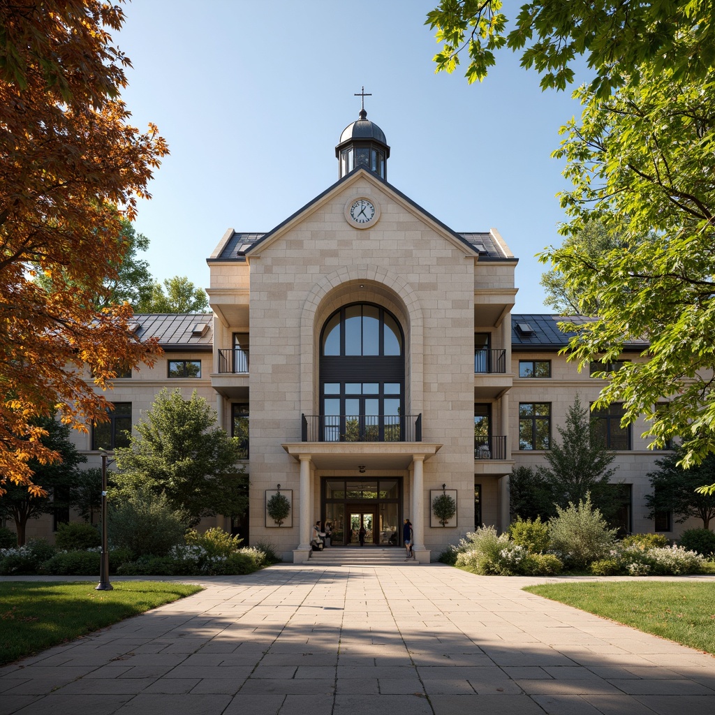 Prompt: Grand academic building, granite fa\u00e7ade, durable concrete columns, sturdy steel beams, robust stone walls, elegant marble floors, high-ceilings, large glass windows, ornate wooden doors, intricate metal railings, classic clock tower, imposing entrance archway, vibrant green courtyard, lush trees, sunny day, soft warm lighting, shallow depth of field, 3/4 composition, realistic textures, ambient occlusion.