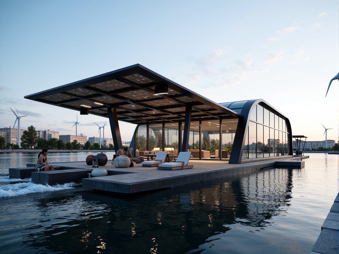 Prompt: Futuristic boathouse, high-tech style, waterfront location, modern angular lines, reflective glass surfaces, metallic accents, advanced solar panels, wind turbines, hydroelectric power generation, sustainable energy solutions, eco-friendly materials, smart home automation systems, sleek minimalist interior design, LED lighting, ambient occlusion, shallow depth of field, 3/4 composition, panoramic view, realistic textures, misting systems, water-inspired color palette, ocean breeze soundscape.