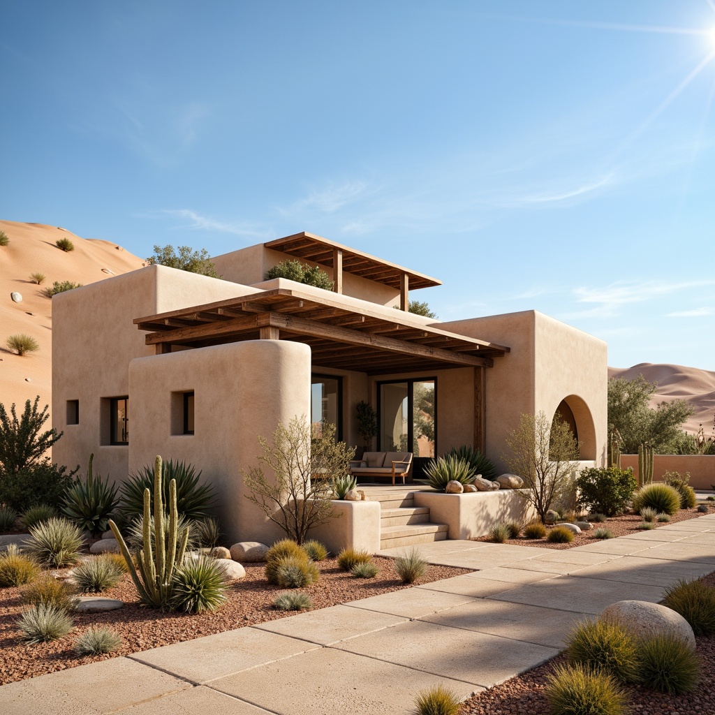 Prompt: Regionalist-inspired building, earthy tones, natural stone fa\u00e7ade, reclaimed wood accents, rustic metal details, clay roof tiles, adobe-style walls, curved lines, organic forms, desert landscape, cacti and succulents, warm sandy dunes, clear blue sky, sunny day, soft warm lighting, 3/4 composition, panoramic view, realistic textures, ambient occlusion.