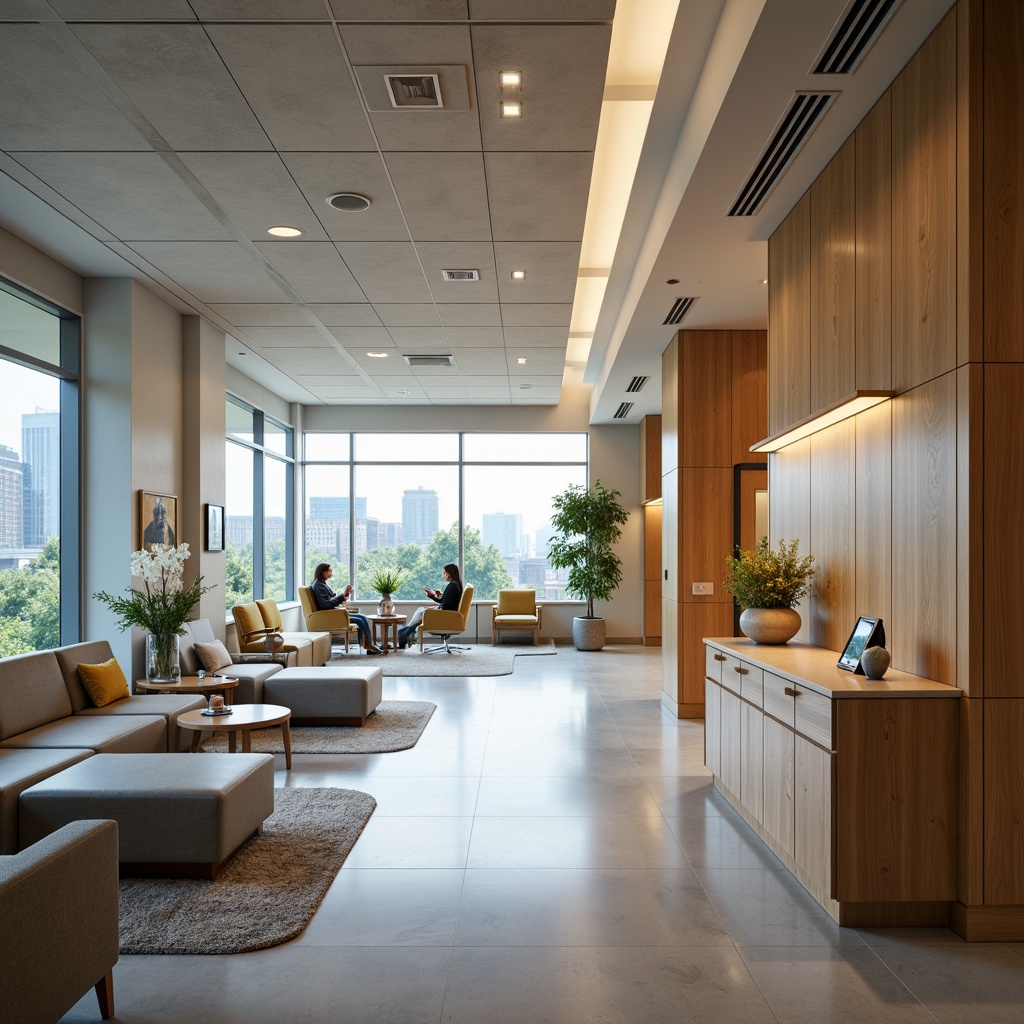 Prompt: Modern healthcare facility, calming atmosphere, soothing color palette, natural light infusion, wooden accents, minimalist decor, curved lines, comfortable seating areas, medical equipment integration, acoustic panels, sound-absorbing materials, private patient rooms, large windows, cityscape views, subtle texture variations, warm LED lighting, 1/1 composition, shallow depth of field, realistic reflections.