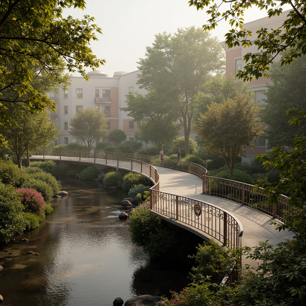 Prompt: Winding pedestrian bridge, Art Nouveau ornate details, flowing curvilinear forms, organic steel structures, intricate metalwork patterns, sinuous railings, lush greenery surroundings, blooming flowers, gentle water flow, soft misty atmosphere, warm golden lighting, shallow depth of field, 1/1 composition, realistic textures, ambient occlusion.