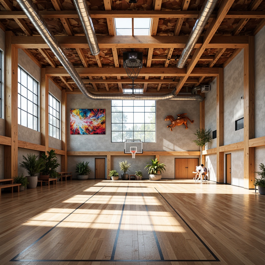 Prompt: Vibrant gymnasium interior, high ceilings, exposed ductwork, polished wooden floors, athletic equipment, basketball hoops, natural stone walls, large windows, clerestory windows, skylights, diffused soft lighting, warm color tones, inviting atmosphere, open space, minimalist design, steel beams, industrial chic aesthetic, urban feel, dynamic shadows, shallow depth of field, 1/2 composition, realistic textures, ambient occlusion.