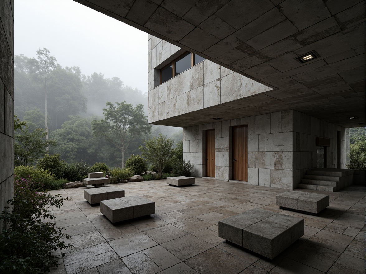 Prompt: Rugged concrete pavilion, brutalist architecture, bold geometric forms, exposed ductwork, raw industrial materials, rough-hewn stone walls, weathered steel beams, minimalist interior design, sparse vegetation, overcast sky, dramatic shadows, high-contrast lighting, cinematic composition, abstract textures, atmospheric misting.