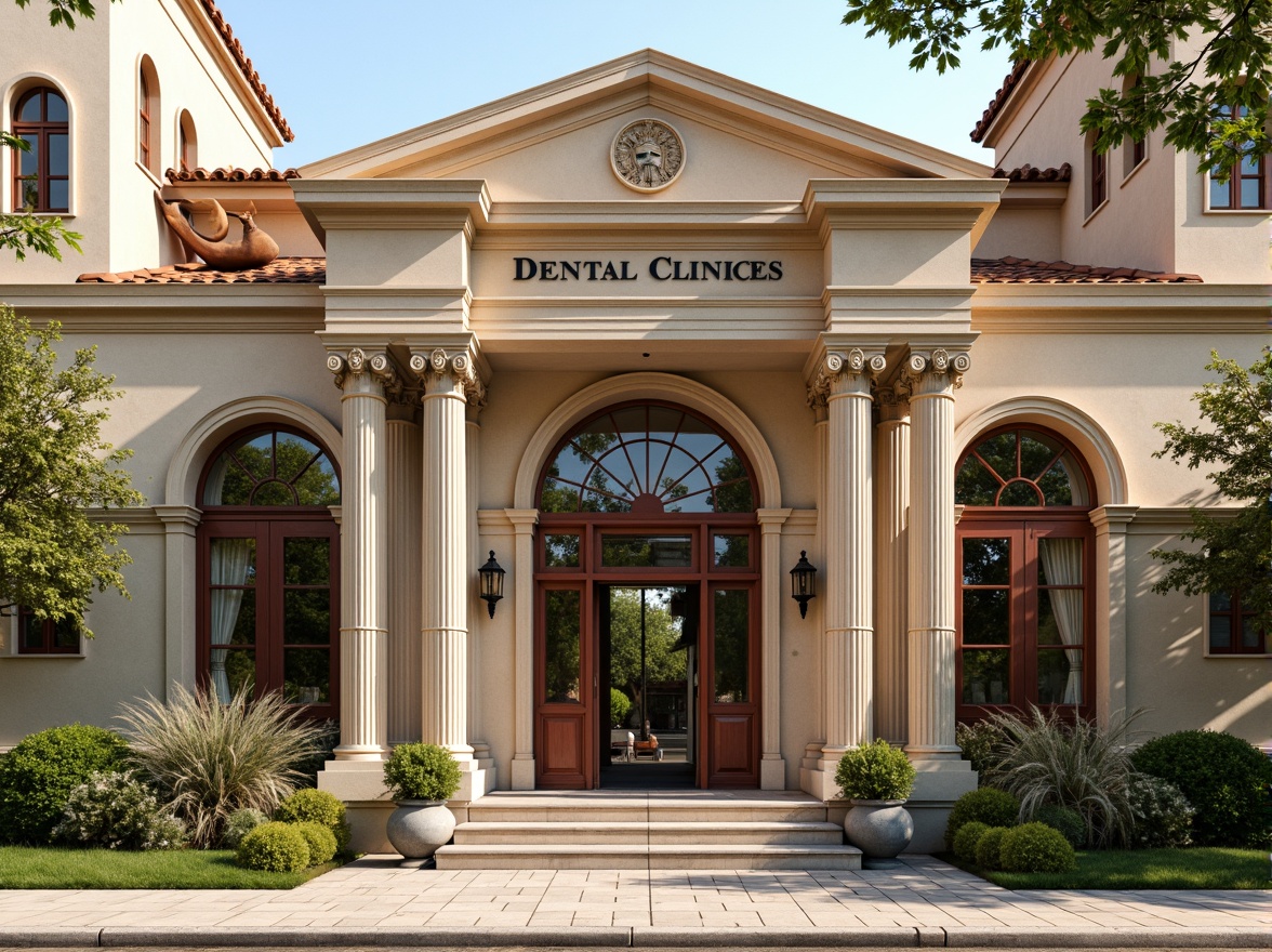 Prompt: Ornate dental clinic facade, classical Renaissance-inspired architecture, symmetrical composition, grand entrance, decorative columns, ornamental cornices, rustic stone walls, arched windows, stained glass details, intricate moldings, warm beige color scheme, soft natural light, shallow depth of field, 2/3 composition, realistic textures, ambient occlusion.