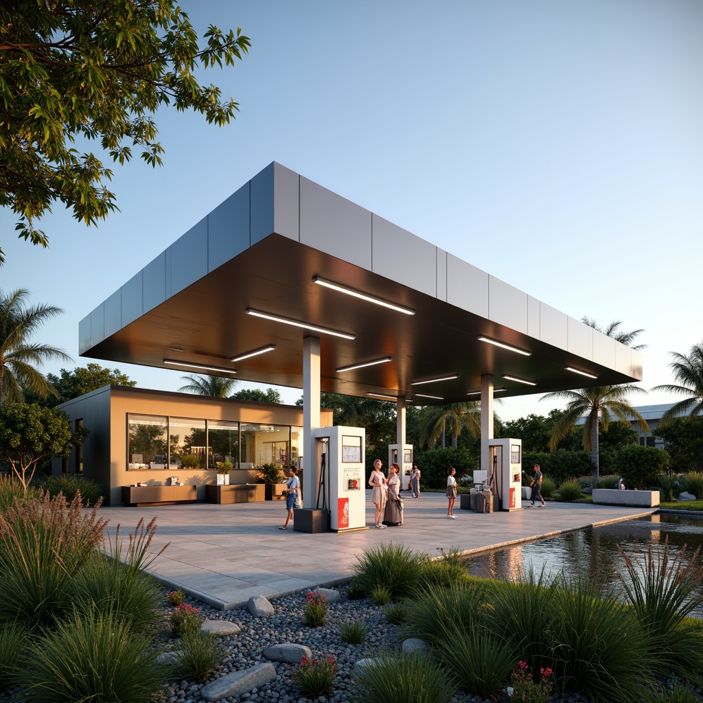 Prompt: Modern gas station, sleek metal canopy, LED lighting, reflective surfaces, angular lines, minimalist design, eco-friendly materials, water conservation systems, rainwater harvesting, green roofs, living walls, lush vegetation, natural stone flooring, wooden accents, calming ambiance, shallow depth of field, 3/4 composition, panoramic view, realistic textures, ambient occlusion, small pond, fountain feature, misting system, tropical plants, vibrant flowers, sunny day, soft warm lighting.