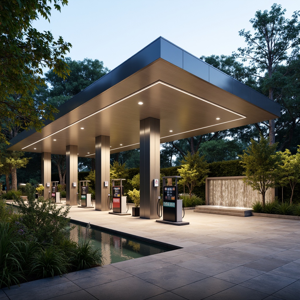 Prompt: Modern gas station, sleek fuel pumps, stainless steel accents, minimalist canopy, large glass windows, transparent roofs, natural stone flooring, water feature wall, cascading fountain, lush greenery, tropical plants, misting system, warm ambient lighting, shallow depth of field, 3/4 composition, panoramic view, realistic textures, ambient occlusion.