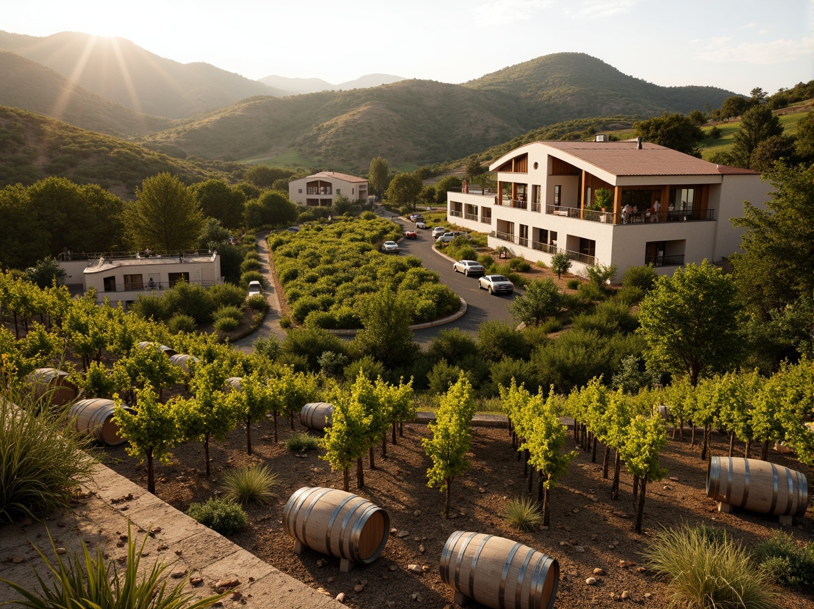 Prompt: Rolling hills, lush vineyards, rustic stone walls, wooden wine barrels, trellised grapevines, regional winery architecture, earthy tones, natural materials, blending into landscape, organic forms, curvilinear lines, warm golden lighting, soft focus, shallow depth of field, 1/2 composition, intimate atmosphere, realistic textures, ambient occlusion.