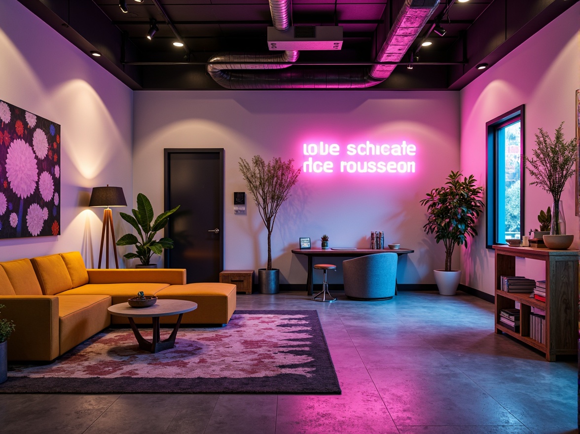 Prompt: Vibrant design studio, trendy furniture pieces, eclectic decorative accents, bold typography, contrasting color schemes, pastel hues, neon lights, metallic finishes, sleek minimalism, modern art pieces, abstract patterns, rich textures, moody lighting, dramatic shadows, 3/4 composition, cinematic view, realistic renderings.