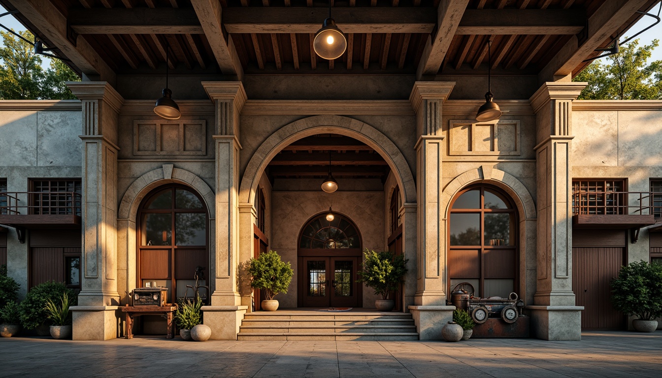 Prompt: Industrial factory facade, neoclassical architecture style, symmetrical composition, grand entrance, ornate columns, rusticated stone walls, arched windows, metal roofing, vintage industrial equipment, exposed brickwork, distressed textures, warm golden lighting, soft focus, atmospheric perspective, 1/1 composition, cinematic view, realistic render.