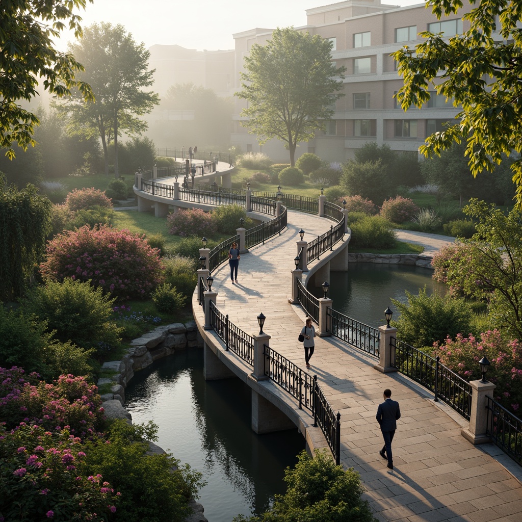 Prompt: Winding pedestrian bridge, ornate metal railings, flowing curvilinear forms, Art Nouveau-inspired motifs, latticework details, organic shapes, vibrant greenery, blooming flowers, natural stone piers, elegant lamps, soft warm lighting, misty morning atmosphere, shallow depth of field, 1/2 composition, panoramic view, realistic textures, ambient occlusion.