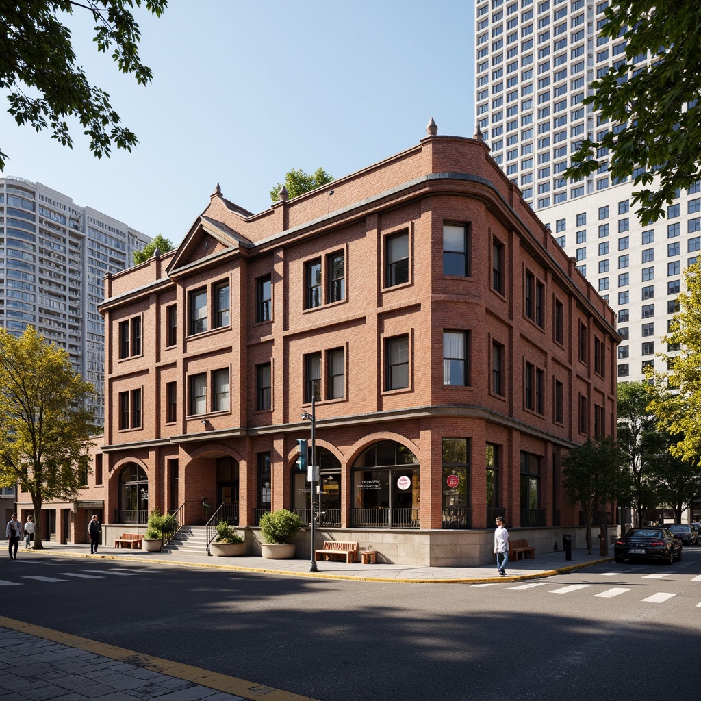 Prompt: Historic high school building, Romanesque architectural style, brick fa\u00e7ade, arched windows, ornate doorways, grand entrance hall, wooden benches, vintage lockers, educational signage, urban cityscape, bustling streets, modern skyscrapers, tree-lined sidewalks, pedestrian traffic, afternoon sunlight, soft warm lighting, shallow depth of field, 1/1 composition, realistic textures, ambient occlusion.