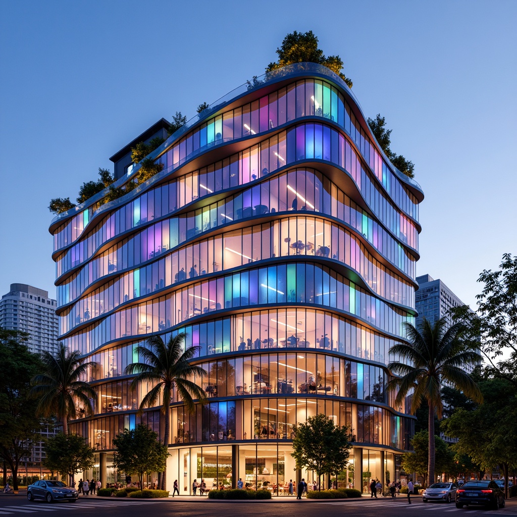 Prompt: Vibrant hotel facade, undulating curves, biomimicry patterns, iridescent colors, translucent glass, LED lighting installations, dynamic shapes, parametric design, futuristic aesthetics, luxurious amenities, lavish decor, opulent materials, tropical plants, exotic flowers, natural ventilation systems, energy-harvesting technologies, green roofs, eco-friendly infrastructure, 3/4 composition, shallow depth of field, panoramic view, realistic textures, ambient occlusion.