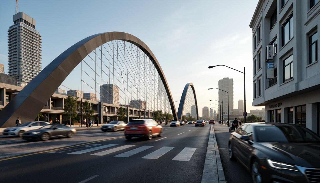 Prompt: Futuristic vehicular bridge, sleek metallic arches, suspension cables, LED lighting system, dynamic motion blur, misty atmospheric effect, soft warm glow, shallow depth of field, 3/4 composition, panoramic view, realistic reflective surfaces, ambient occlusion, urban cityscape, busy traffic flow, modern skyscrapers, steel beams, reinforced concrete pillars, innovative cable-stayed design, aerodynamic shape, wind tunnel testing, sustainable building materials, eco-friendly construction methods.