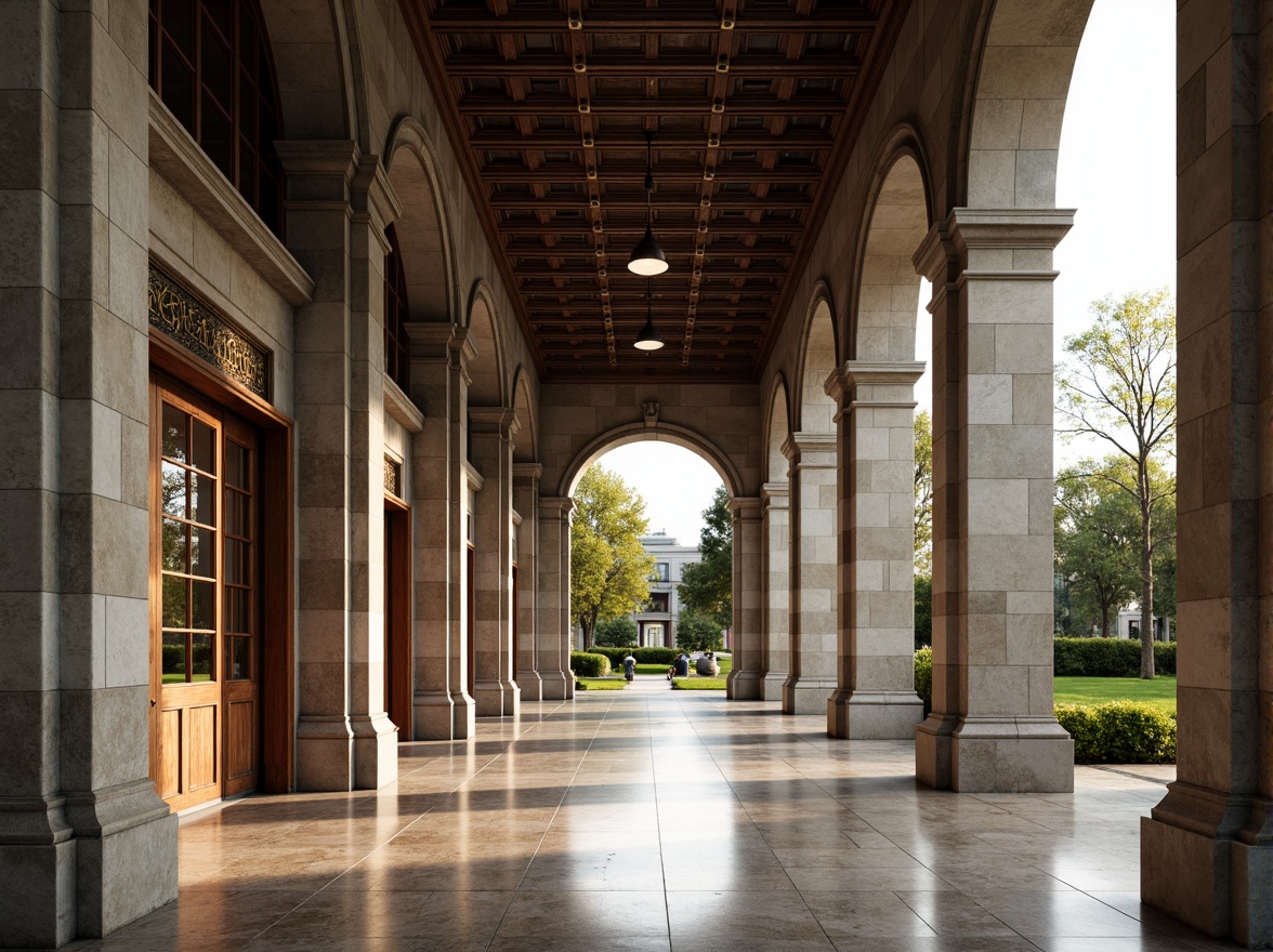 Prompt: Rustic stone facade, neoclassical columns, ornate details, symmetrical composition, grand entrance, marble floors, high ceilings, intricate moldings, wooden paneling, large windows, stained glass, subtle lighting, neutral color palette, classical architectural elements, elegant proportions, prestigious atmosphere, academic institution feel, formal courtyard, manicured lawns, surrounding trees, serene ambiance, soft natural light, shallow depth of field, 2/3 composition, realistic textures, ambient occlusion.