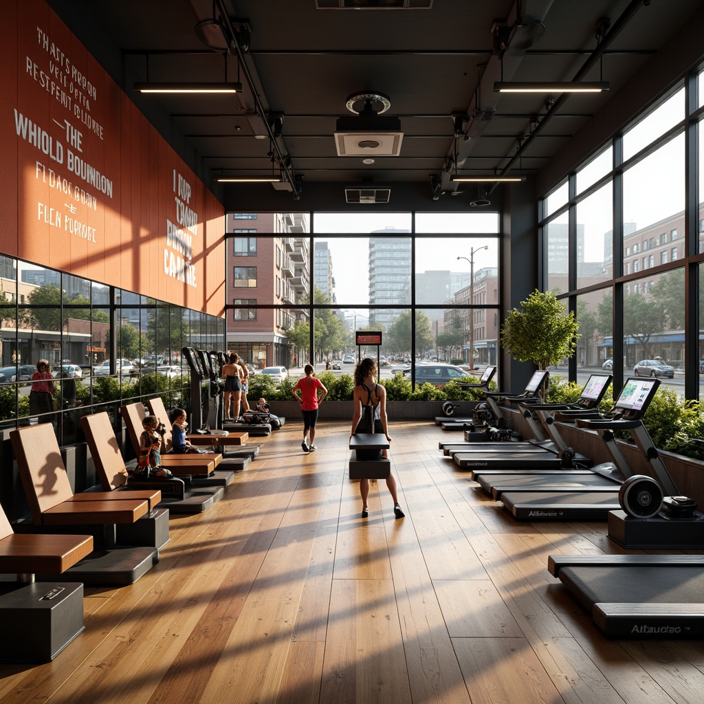 Prompt: Vibrant fitness club, modern gym equipment, wooden flooring, mirrored walls, large windows, natural daylight, soft warm lighting, shallow depth of field, 3/4 composition, panoramic view, realistic textures, ambient occlusion, urban cityscape, bustling streets, green roofs, eco-friendly materials, innovative ventilation systems, air purification technologies, refreshing color schemes, motivational quotes, athletic wear displays, fitness tracking screens, social media sharing areas.