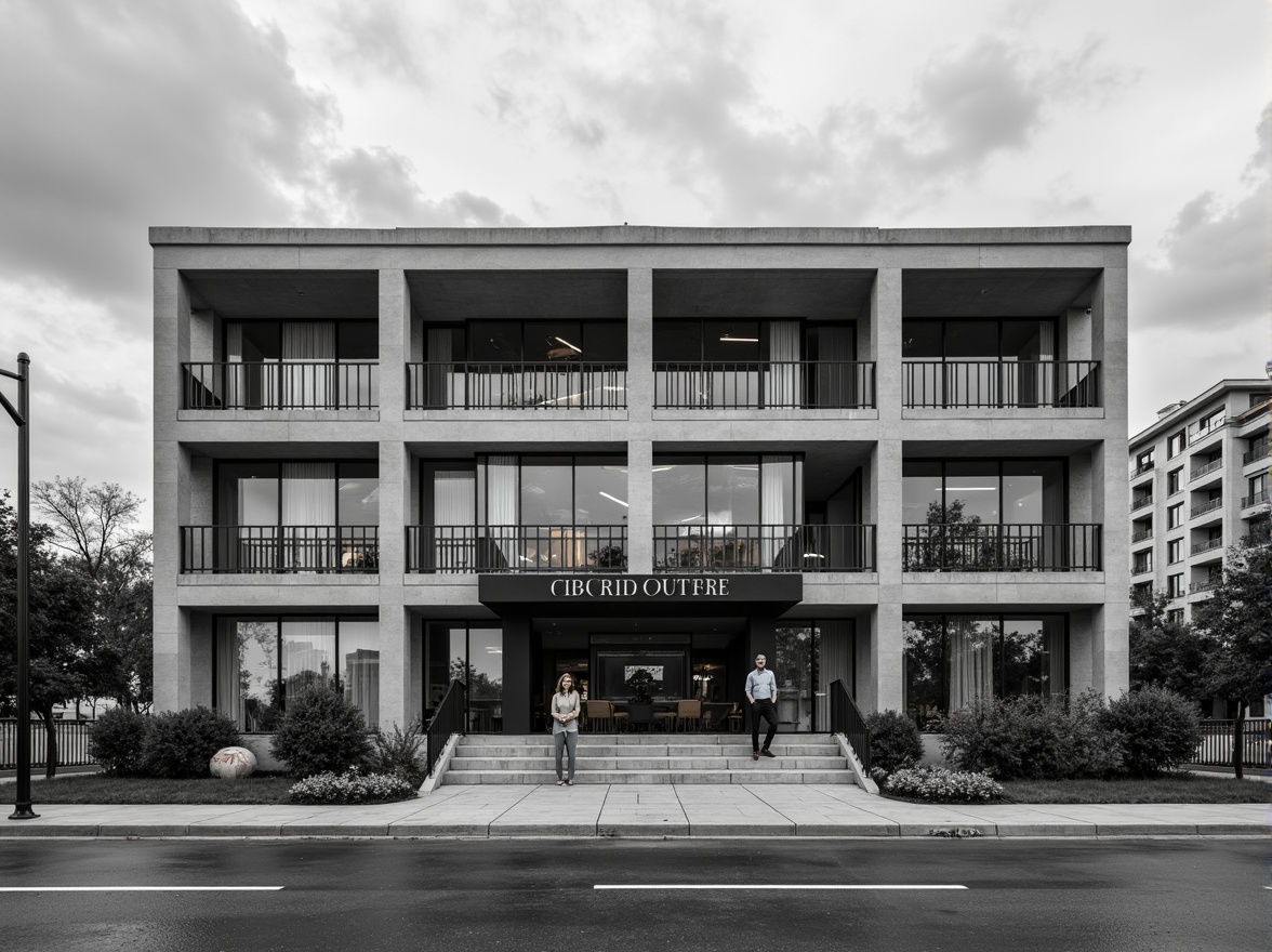 Prompt: Geometric courthouse facade, symmetrical composition, rectangular windows, flat roof, monochromatic color scheme, industrial materials, exposed brickwork, ornate metal railings, grand entrance stairs, minimalist decoration, bold typography, geometric patterns, abstract sculptures, urban cityscape, cloudy sky, high-contrast lighting, 1/2 composition, dramatic shadows, detailed textures.