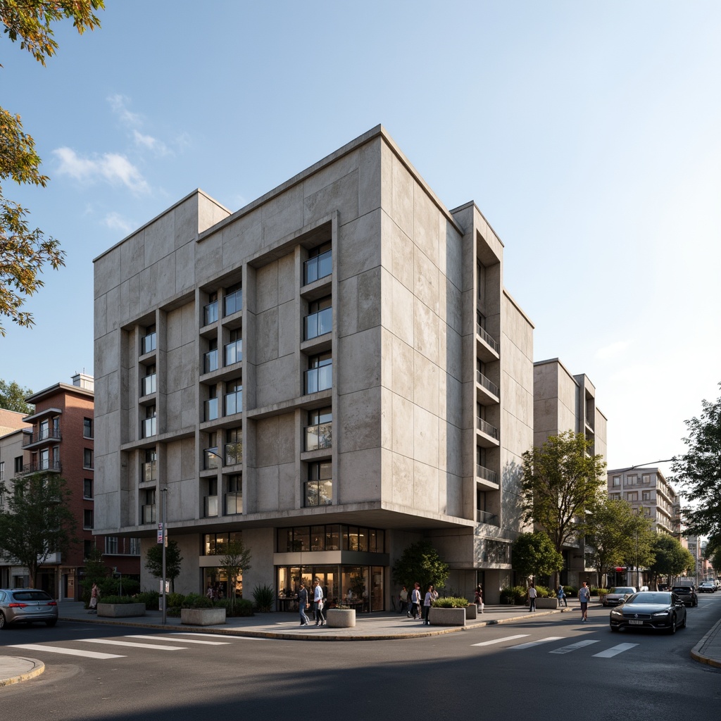 Prompt: Rustic hospital facade, brutalist architecture, raw concrete textures, geometric shapes, industrial materials, functional design, minimalist aesthetic, clean lines, rectangular forms, cantilevered roofs, asymmetrical compositions, urban landscape, busy streets, morning sunlight, soft shadows, 1/1 composition, realistic renderings, ambient occlusion.