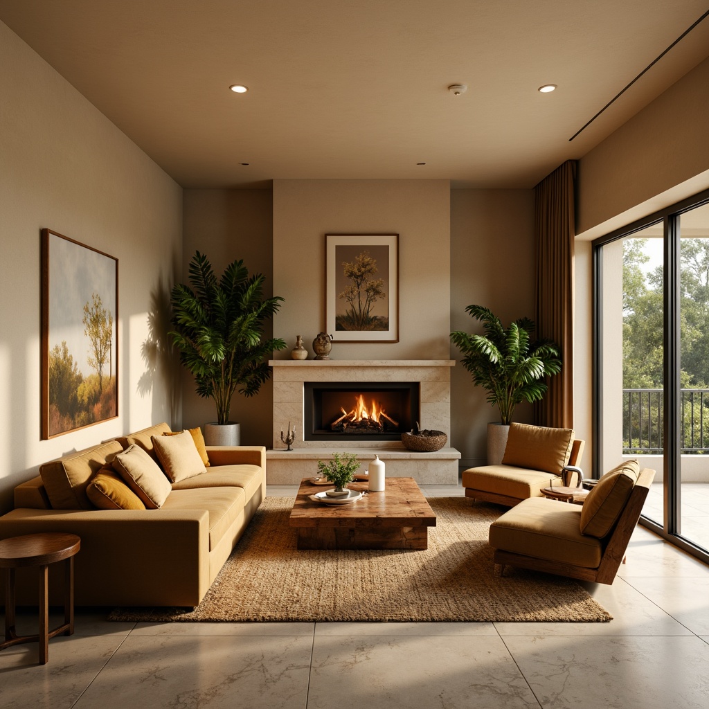 Prompt: Cozy living room, warm beige walls, plush velvet sofas, rustic wooden coffee tables, soft golden lighting, comfortable oversized armchairs, vibrant greenery, natural stone fireplaces, elegant marble floors, minimalist decor, calming atmosphere, relaxing ambiance, tranquil retreat, serene background, shallow depth of field, 1/1 composition, realistic textures, ambient occlusion.