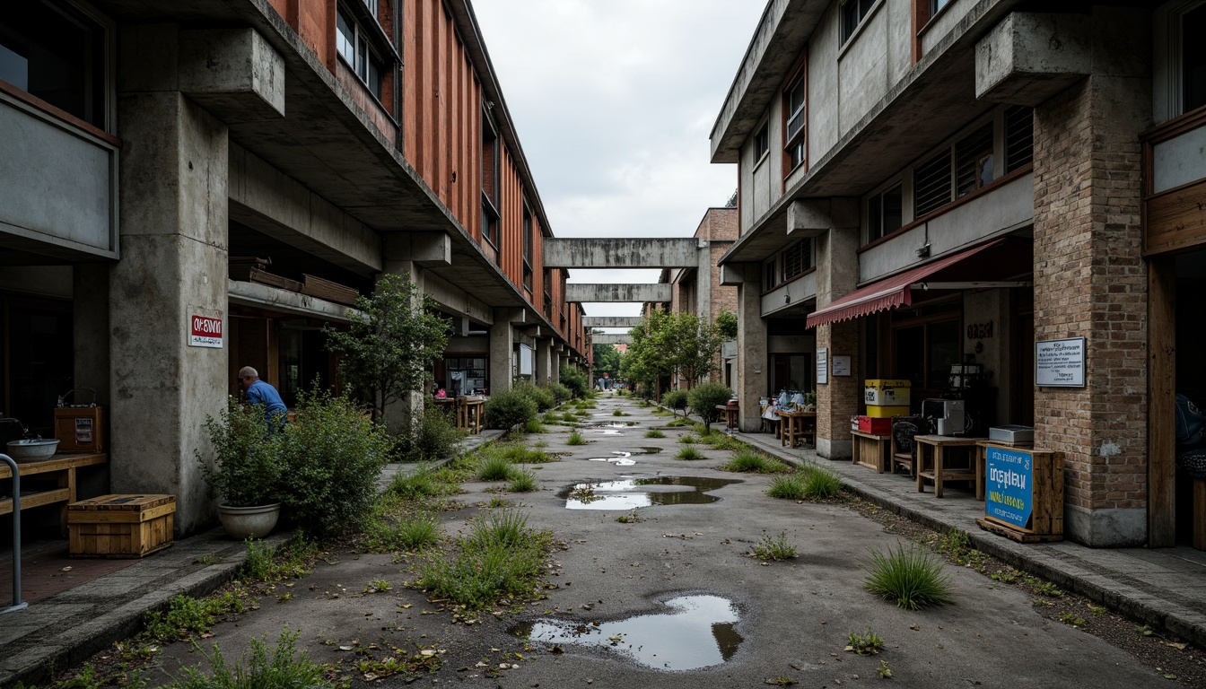 Prompt: Abandoned industrial landscape, rugged concrete terrain, brutalist architecture, rusty metal beams, overgrown vegetation, wildflowers in cracks, distressed stone walls, crumbling brick facades, neglected market stalls, worn wooden crates, scattered trash, graffiti-covered surfaces, harsh urban lighting, gritty textures, high-contrast shadows, dramatic atmospheric perspective, cinematic composition, moody color palette.