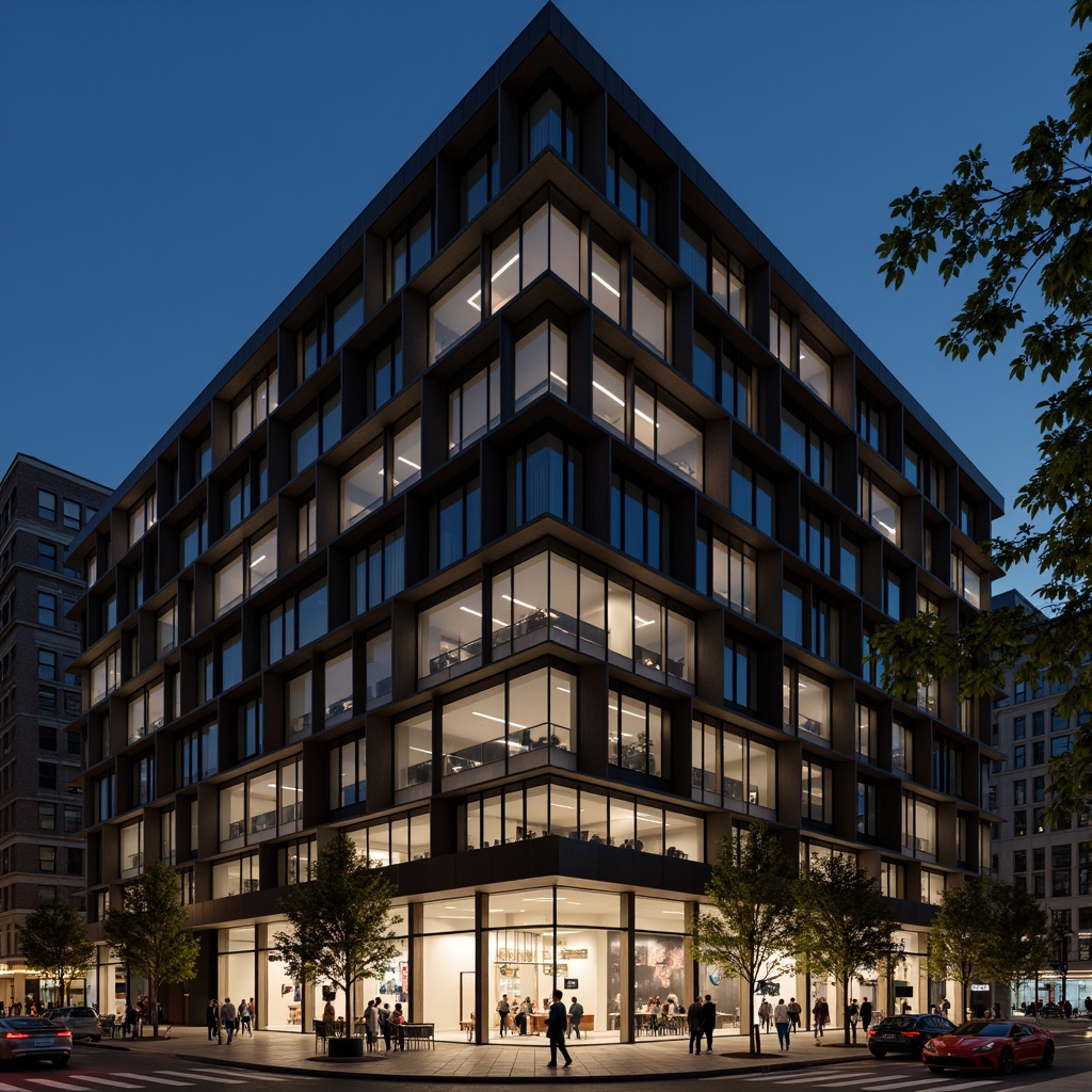 Prompt: Geometric facade, angular lines, cantilevered balconies, minimalist ornamentation, industrial materials, exposed ductwork, polished metal accents, monochromatic color scheme, urban cityscape, busy streets, nighttime lighting, warm glow, shallow depth of field, 1/2 composition, low-angle shot, realistic textures, ambient occlusion.