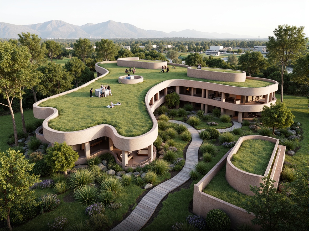 Prompt: Seamless building integration, harmonious landscape design, lush green roofs, native plant species, meandering walking trails, wooden boardwalks, natural stone walls, earthy color palette, organic architecture, curved lines, minimalist aesthetic, subtle transitions, blended boundaries, ambient lighting, soft shadows, 3/4 composition, panoramic view, realistic textures, ambient occlusion.