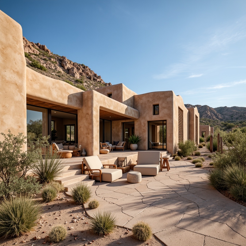 Prompt: Rustic canyon homes, sandstone exterior walls, natural earthy tones, rough-hewn textures, organic shapes, desert landscape, cacti plants, hot sunny day, clear blue sky, vast open space, southwestern architecture, adobe-inspired design, earthy color palette, warm beige tones, sandy dunes, rocky outcrops, natural stone walkways, wooden accents, metal decorations, modern minimalist interior, large windows, sliding glass doors, cozy fireplaces, soft warm lighting, shallow depth of field, 3/4 composition, panoramic view, realistic textures, ambient occlusion.