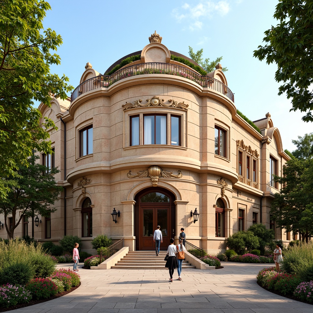 Prompt: Ornate community center, Baroque-style brick facades, rusticated quoins, ornamental pilasters, curved lines, grand entranceways, symmetrical composition, warm beige tones, textured stone walls, decorative cornices, classical arches, vibrant frescoes, intricate stucco details, lush greenery, blooming flowers, sunny day, soft warm lighting, shallow depth of field, 3/4 composition, panoramic view, realistic textures, ambient occlusion.