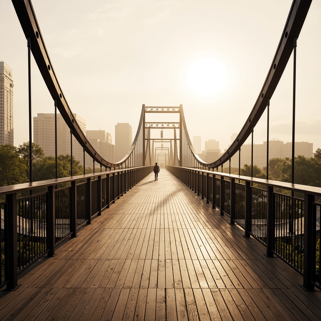 Prompt: Curved pedestrian bridge, steel arches, suspension cables, wooden decking, railings with intricate metalwork, urban cityscape, misty morning atmosphere, warm golden lighting, shallow depth of field, 1/2 composition, symmetrical view, realistic reflections, ambient occlusion, modern architecture, sleek lines, minimalist design, innovative materials, eco-friendly construction, accessible pathways, gentle slopes, comfortable seating areas.