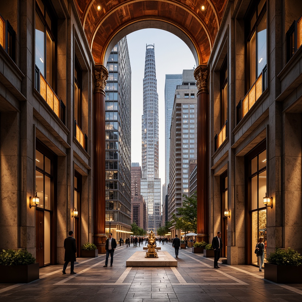 Prompt: Luxurious copper accents, ornate metalwork, grandiose entranceways, imposing stone columns, rich brown wood tones, elegant archways, sophisticated urban landscape, modern skyscraper, sleek glass fa\u00e7ade, warm golden lighting, shallow depth of field, 1/1 composition, realistic reflections, ambient occlusion.