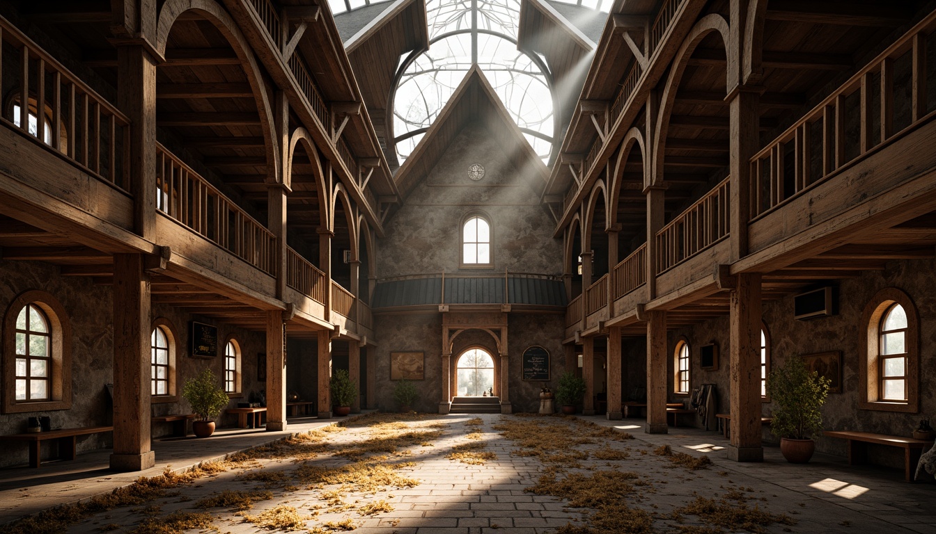 Prompt: Rustic barn, Gothic arches, asymmetrical rooflines, distressed wood textures, corrugated metal sheets, weathered copper accents, steeply pitched roofs, intricate stone carvings, ornate wooden trusses, vaulted ceilings, grand entranceways, mystical ambiance, warm golden lighting, dramatic shadows, 1/2 composition, low-angle shot, cinematic atmosphere, detailed normal maps.