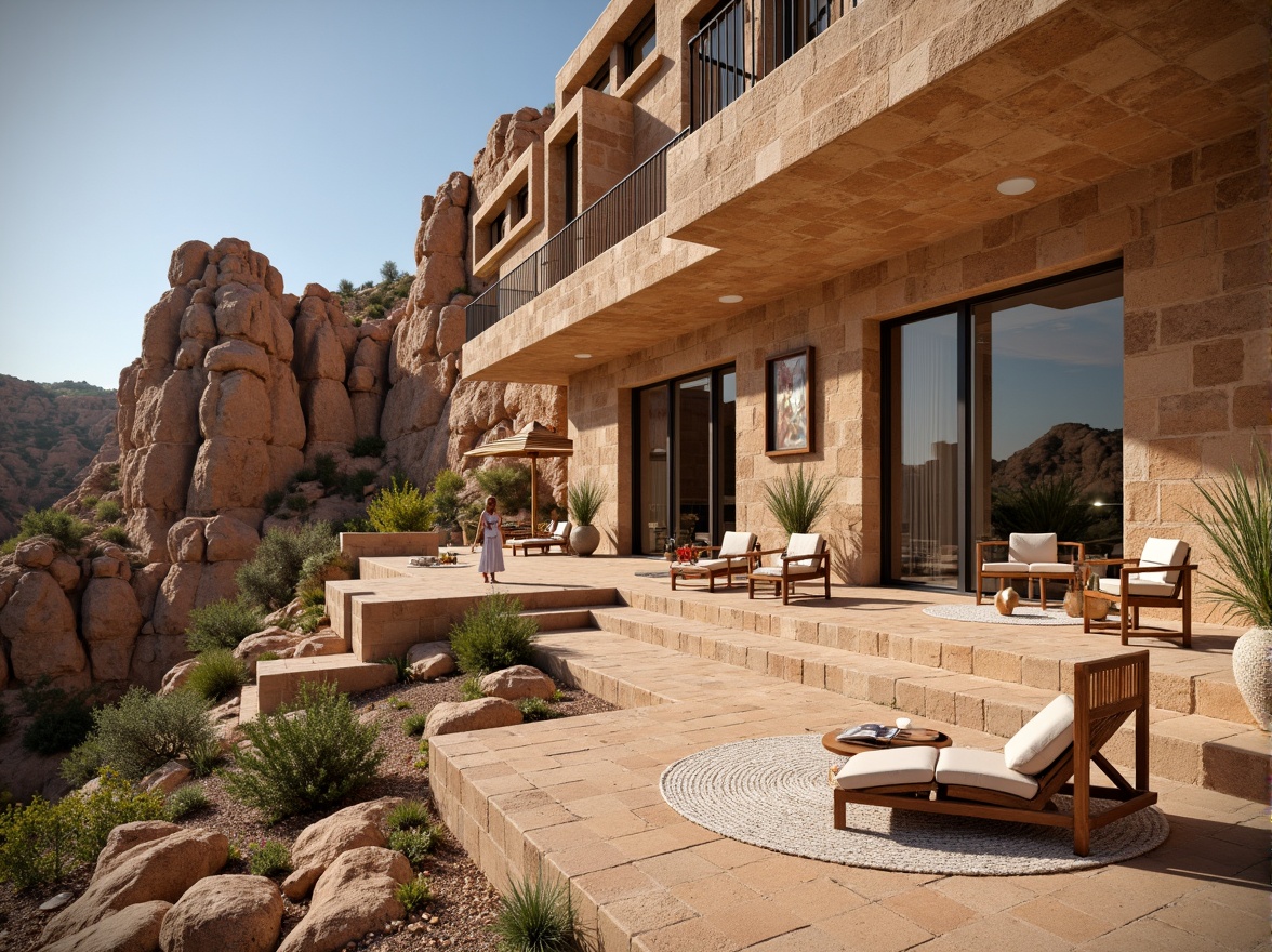 Prompt: Canyon homes, rustic sandstone walls, earthy tones, natural textures, rugged landscape, arid desert environment, warm sunny days, dramatic cliffside views, modern minimalist interiors, sleek metal accents, large windows, sliding glass doors, cozy fireplaces, wooden furniture, woven textiles, organic patterns, soft warm lighting, shallow depth of field, 3/4 composition, realistic rock formations.