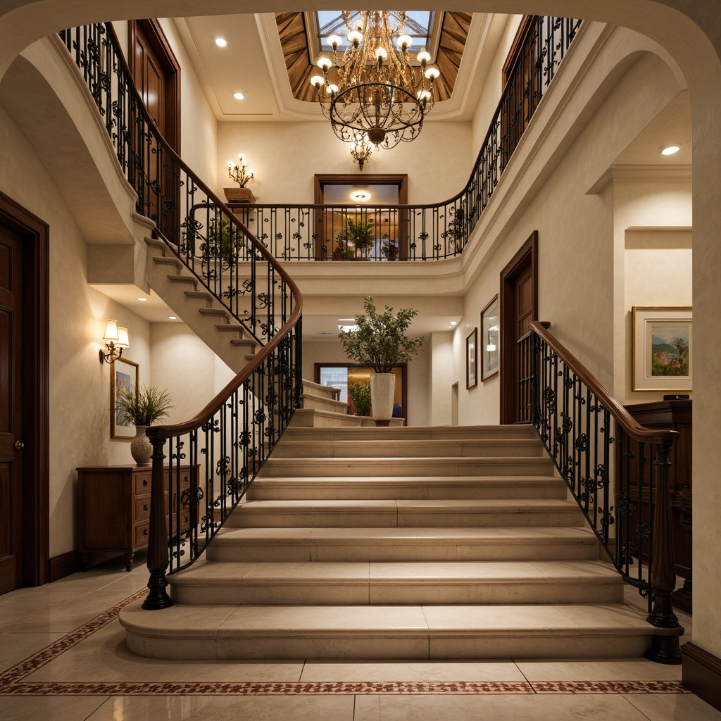 Prompt: Elegant stair railings, ornate metalwork, curved balusters, polished wooden handrails, intricate iron details, luxurious villa setting, grand entrance hall, sweeping staircase, opulent chandelier, soft warm lighting, 1/2 composition, shallow depth of field, realistic textures, ambient occlusion.