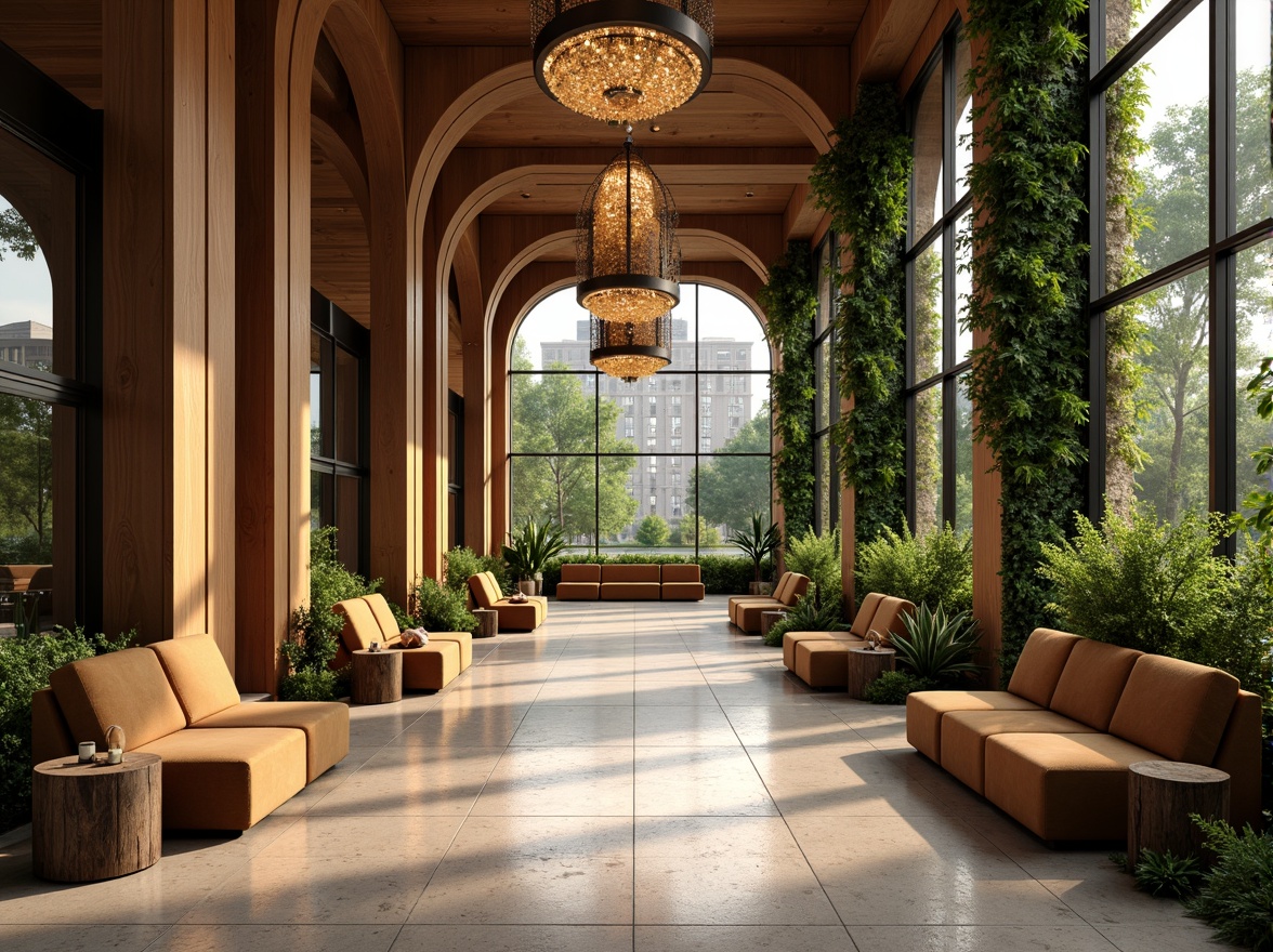 Prompt: Luxurious hotel lobby, natural stone flooring, elegant chandeliers, curved wooden walls, plush velvet sofas, vibrant greenery, floor-to-ceiling windows, minimalist decor, ambient warm lighting, 1/1 composition, soft focus, organic shapes, biophilic design elements, earthy color palette, eco-friendly materials, sustainable furniture, living walls, urban jungle atmosphere, bustling city sounds, morning sunlight, subtle shadows.