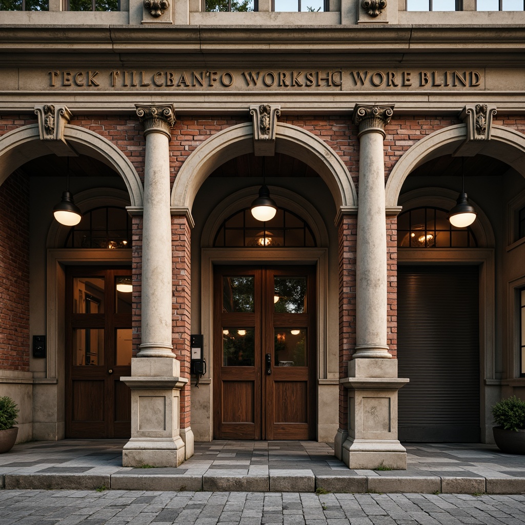 Prompt: Ornate workshop facade, Classicism architecture style, symmetrical composition, ionic columns, ornamental pediments, carved stone decorations, rustic brick walls, wooden shutters, vintage metal doors, aged stone flooring, subtle warm lighting, soft focus effect, shallow depth of field, 2/3 composition, realistic textures, ambient occlusion.