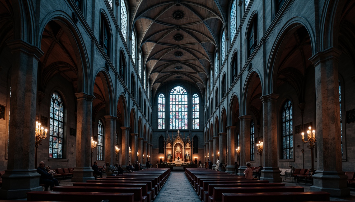 Prompt: Mysterious abandoned cathedral, eerie twilight atmosphere, dark mysterious shadows, ornate stone carvings, stained glass windows, rich velvet fabrics, heavy ironwork details, mystical cryptic symbols, crimson red accents, deep indigo blues, midnight black silhouettes, warm golden lighting, subtle misty fog effects, high contrast dramatic composition, cinematic camera angles, detailed architectural textures.