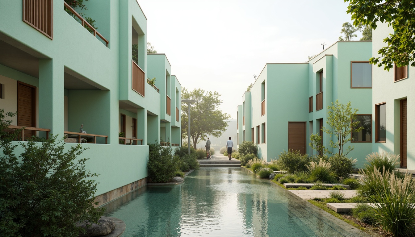 Prompt: \Celadon-hued buildings, soft mint walls, calming atmosphere, lush greenery, natural stone accents, minimalist design, clean lines, simple forms, warm beige tones, creamy whites, subtle gradient effects, ambient lighting, shallow depth of field, 1/2 composition, serene outdoor spaces, tranquil water features, surrounding foliage, misty morning, gentle sunlight, realistic textures.\